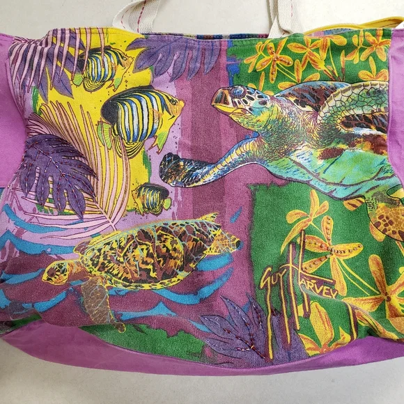 Guy Harvey Sea Turtle/Fish Pink Canvas Shoulder Tote Bag (Beach, Travel) - Picture 2 of 5